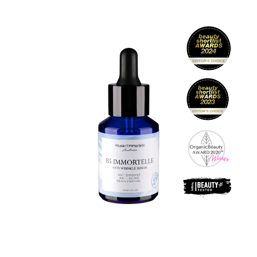 House of Immortelle B5 Immortelle Anti-Wrinkle Serum in an elegant bottle, enriched with Immortelle flower extract and vitamin B5 to reduce the appearance of fine lines and wrinkles. This lightweight serum helps to smooth, hydrate, and rejuvenate the skin for a more youthful complexion