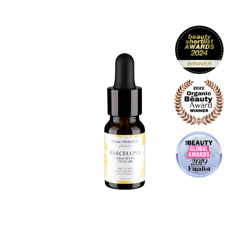 A rejuvenating Barcelona Miraculous Eye Elixir by House of Immortelle, formulated to reduce puffiness, dark circles, and fine lines around the delicate eye area. Its lightweight, soothing formula refreshes and revitalizes, leaving the eyes looking brighter and more youthful. Packaged in an elegant, travel-friendly bottle for daily use