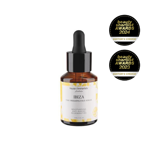 House of Immortelle Ibiza Time Freezing Face Serum in a sophisticated bottle, designed to reduce the appearance of fine lines and wrinkles. This lightweight serum is infused with potent anti-aging ingredients, providing a smooth, rejuvenated complexion for a youthful glow