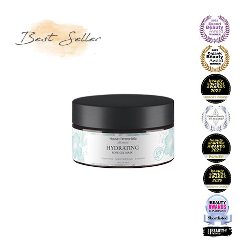 House of Immortelle Bestseller Hydrating Rose Gel Mask in a jar, featuring a refreshing gel formula infused with rose extract. This mask provides intense hydration and nourishment, leaving the skin feeling plump, radiant, and rejuvenated